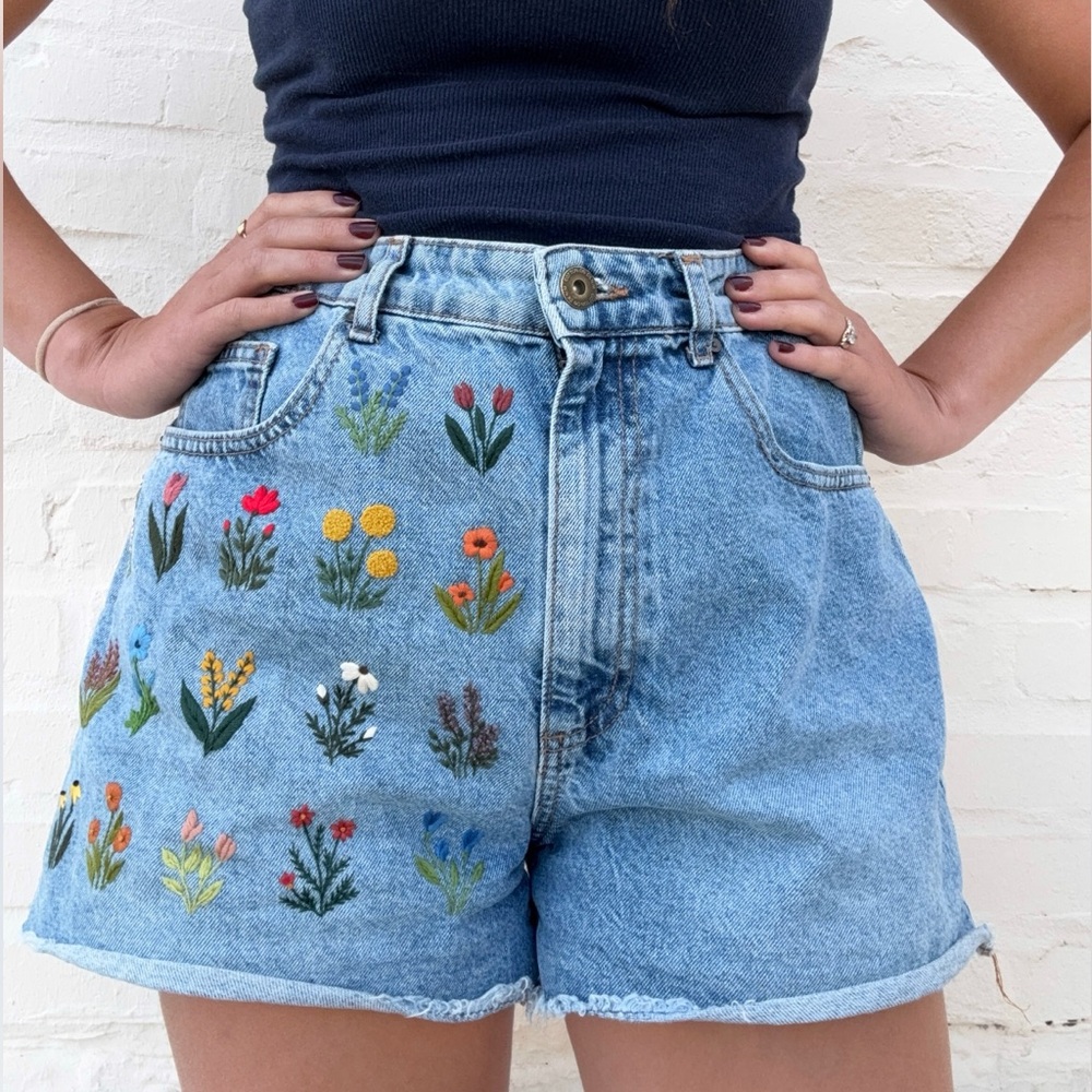Hand-Embroidered Floral Shorts | Size 8